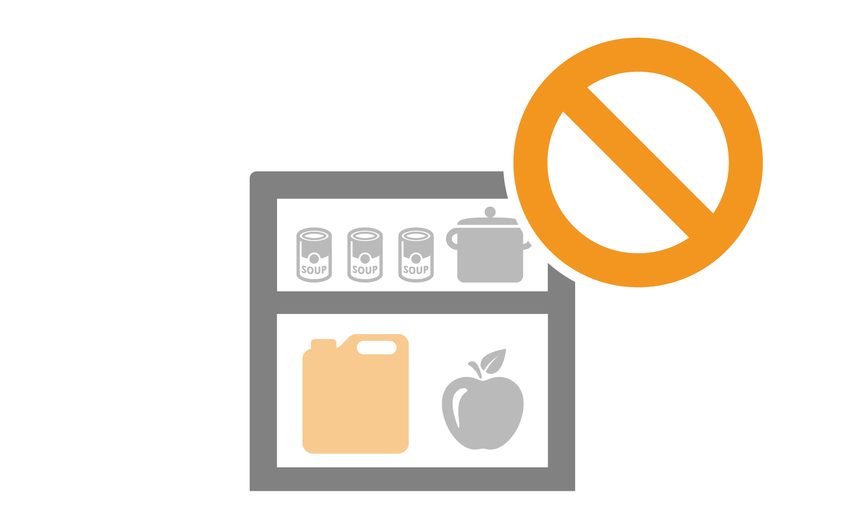 Illustration of a warning sign to not store pesticides in cabinets with food