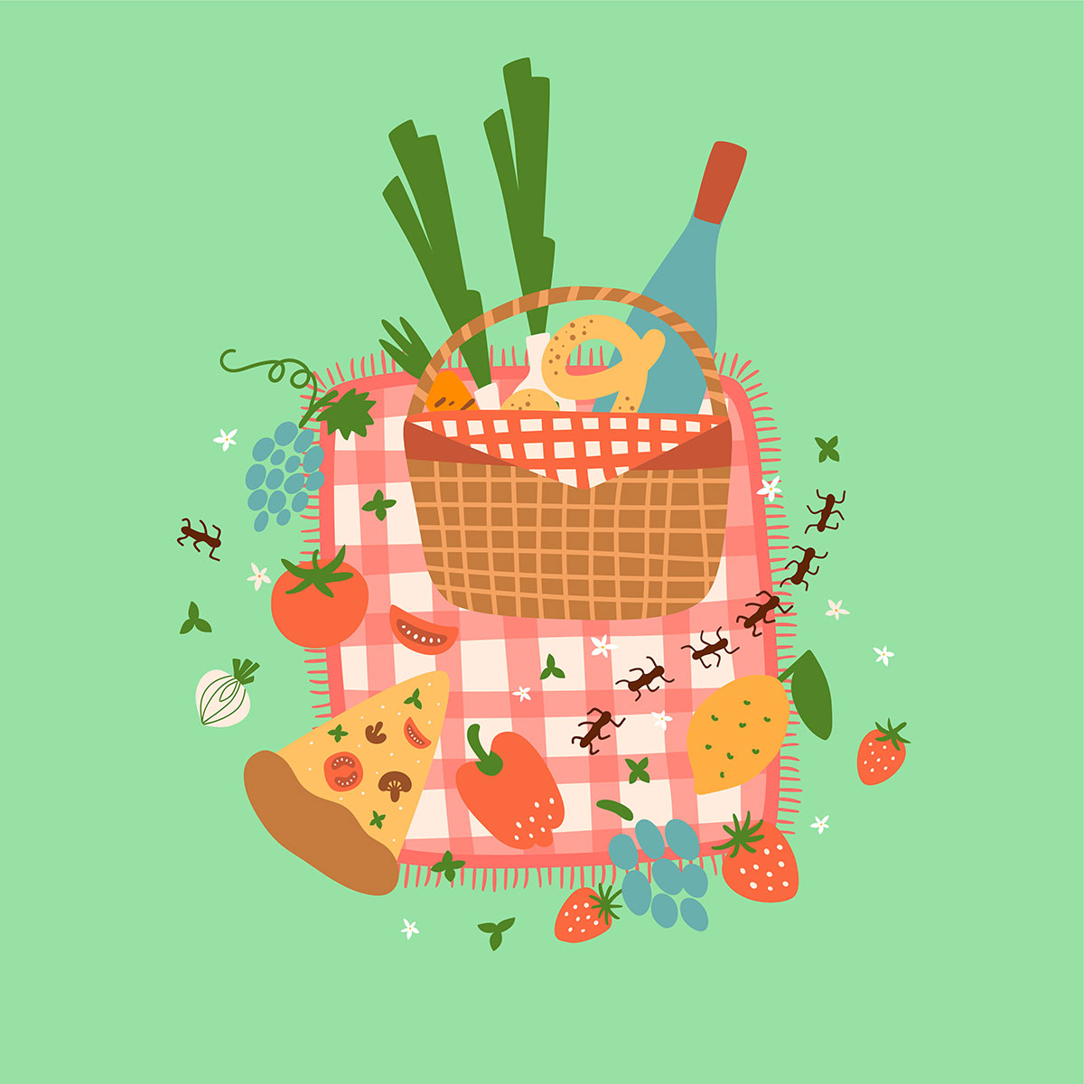 Picnic basket with ants crawling around